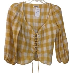 Reformation Barrett Check Linen Blouse Top Dandelion Size 4 NWT